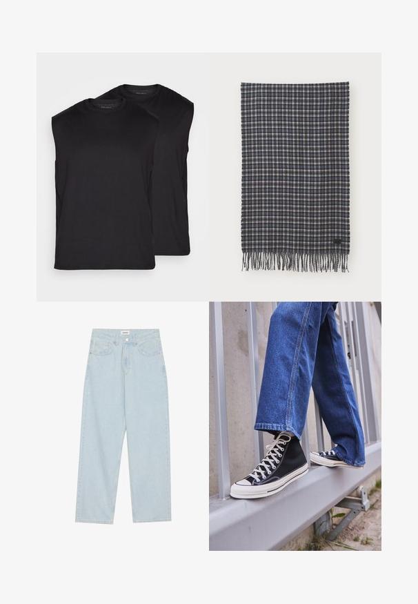 Schwarze ärmellose T-Shirts, die paarweise aus glattem Stoff präsentiert werden. Rundhalsausschnitt und saubere Kanten ohne sichtbare Muster oder Verzierungen.; Helle blaue weit geschnittene Jeans aus Denim, mit mittelhoher Taille, fünf Taschen und einem Knopfverschluss mit einem schlanken Metallelement.; Schwarze High-Top-Sneaker mit weißer Sohle und Schnürsenkeln, kombiniert mit lockeren blauen Jeans, die auf einem grauen Geländer ruhen.; Gewebter Wollschal in dunkelblau und cremefarbener Karomusterung, mit Fransen und einem kleinen schwarzen Etikett. Weiche Textur mit rechteckiger Form.