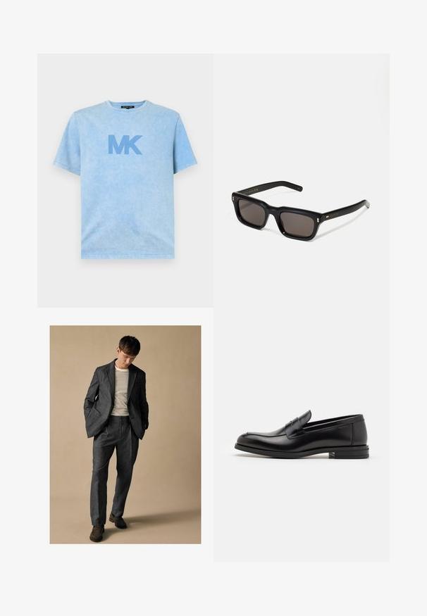 Gaiši zils kokvilnas T-krekls ar apaļu kakla izgriezumu un īsām piedurknēm. Vidū ir izdrukāts liels MK logo tumšāk zilā krāsā.; Pelēks piegriezts uzvalks ar izgrieztām atlokām un priekšējām kabatām, apvienots ar svītrainu krekli. Biksēm ir brīva piegriezuma forma un krokas detaļa. Brūni apavi.; Melnas ādas kurpes ar gludu tekstūru, noapaļu purngalu un dekoratīvu siksniņu pāri priekšpusei. Zems sakrauts papēdis, minimālisma dizains.; Melnas taisnstūra formas saulesbrilles ar tumšiem stikliem, bieza plastmasas rāmja, zelta akcenti pie tempļiem un zīmola logo iegravēts roku daļā.