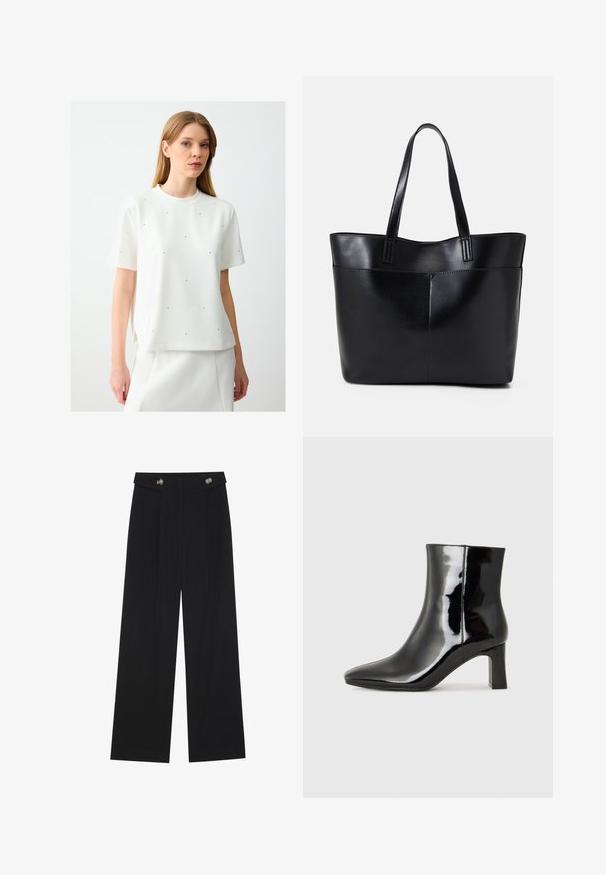 Witte top met korte mouwen en ronde hals, voorzien van kleine zwarte versieringen over de stof en zijslits voor extra bewegingsvrijheid.; Zwarte wijde broek met hoge taille, knoopdetails op de tailleband en plooien aan de voorkant.; Zwarte gepolijste leren enkellaars met een spitse neus en een blokhak van gemiddelde hoogte. Glad textuur en minimalistisch ontwerp.; Zwarte leren tote bag met twee lange handvatten, een zachte textuur en een gestructureerde vorm. Voorzien van een voorvak voor extra opslagruimte.