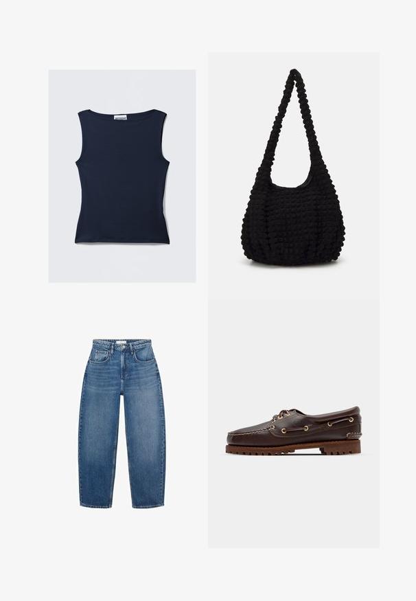 Granatowy, bezrękawnik z gładkiego, elastycznego materiału. Posiada okrągły dekolt oraz dopasowany krój z czystym wykończeniem.; Jeans o wysokim stanie w niebieskim kolorze z prostą nogawką, posiadające pięć kieszeni, szlufki na pasek oraz subtelne przetarcia dla dodatkowej tekstury.; Brązowe skórzane buty w stylu boat shoe z złotymi oczkami, okrągłymi sznurowadłami oraz teksturowaną brązową gumową podeszwą. Zawierają przeszycia i wypukłe logo.; Czarna torba z teksturowanej tkaniny z pojedynczym skręconym uchwytem, o puszystym kształcie i marszczonym wzorze powierzchni.