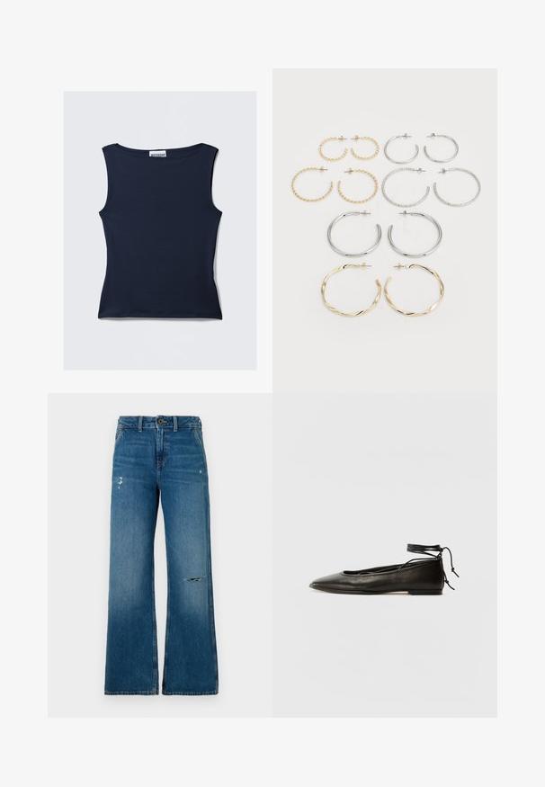 Top senza maniche di colore blu navy realizzato in un tessuto liscio ed elasticizzato. Presenta un collo rotondo e una siluette aderente con un orlo pulito.; Jeans a gamba larga in denim blu con una texture scolorita, presentano due zone strappate nella parte anteriore, una chiusura a bottone e un design a cinque tasche.; Ballerine in pelle nera con punta affusolata, laccio alla caviglia e suola piatta, caratterizzate da una texture liscia e un design minimalista.; Set di dodici orecchini a cerchio in tonalità argento e oro. Include design attorcigliati, lisci e testurizzati con varie dimensioni e finiture.