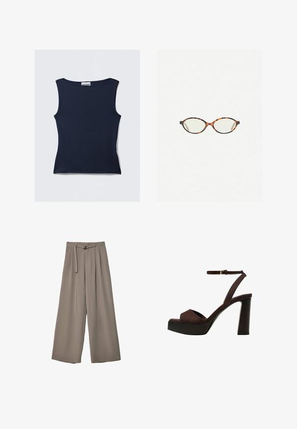 Navyblauwe mouwloze top gemaakt van gladde, rekbare stof. Heeft een ronde halslijn en een aansluitende silhouet met een schone zoom.; Wijd nietenbroeken van een zachte, gedempte grijze stof, met een ceintuur in de taille en plooien voor extra ontwerpelementen. Gladde textuur, geen patronen.; Bruine suède high-heeled sandaal met een open teen, verstelbare enkelband en een gestreepte plateauzool.; Kattenoogbril met ovale lenzen en een strakke, gladde afwerking. Heeft dunne zijkanten met een subtiele kromming bij de slapen. Transparante lenzen.