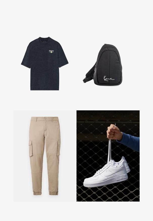 Donkerblauwe T-shirt met korte mouwen van zachte katoen, met een kleine Limoncello-afbeelding op de borst en bloemaccenten. Vrije pasvorm, ronde hals.; Beige cargobroek van lichtgewicht katoenen materiaal. Kenmerkend zijn de elastische boorden, meerdere zijzakken en een knoopsluiting.; Witte leren sneakers met perforaties, ronde neus, vlakke zool en dikke veters, met een zichtbare swoosh-logo en "AIR" op de hiel.; Zwarte stoffen schouderrugzak met een soepele textuur, met een gebogen ontwerp, een ritscompartiment en een wit logo aan de voorkant.