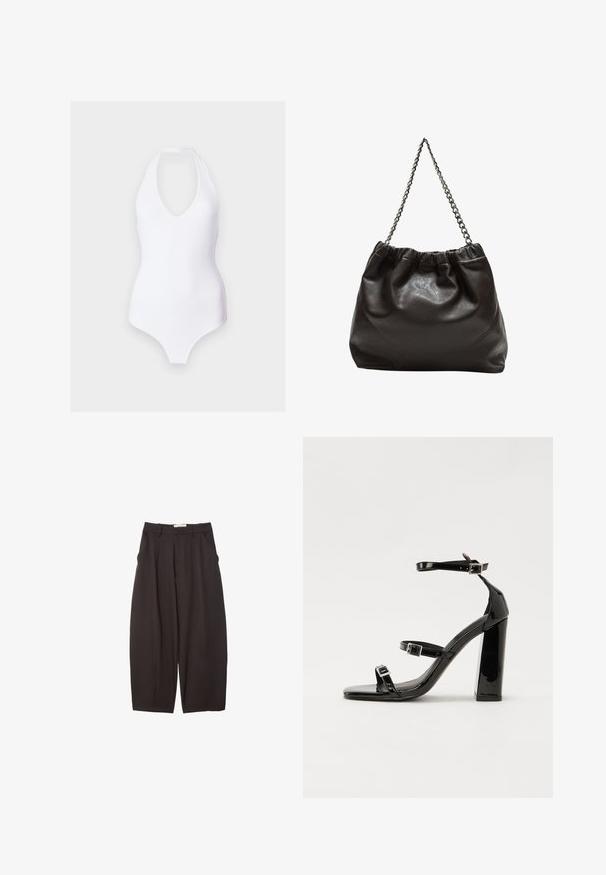 Weißer Badeanzug mit Neckholder und tiefem V-Ausschnitt, gefertigt aus einem glatten Material, das für eine figurbetonte Silhouette sorgt.; Schwarze weit geschnittene Hosen aus einem glatten Stoff, mit hoher Taille, Frontfalten und Seitentaschen. Schlichtes Design ohne Verzierungen.; Schwarze patentierte Sandalen mit Absatz, quadratischer Spitze, Knöchelriemen und silbernen Schnallen. Mit einem stabilen Blockabsatz für mehr Stabilität.; Braune Lederhandtasche mit gerafftem Oberteil und Kettenriemen. Glatte Textur mit glänzendem Finish und subtilen Nahtdetails an den Seiten.