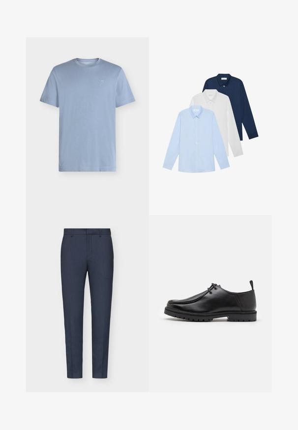 Light blue short-sleeve t-shirt made of soft cotton, featuring a crew neck and a small logo on the left chest. Simple and smooth texture.; Three long-sleeve shirts: light blue, white, and navy. All have a classic collar and button-down front, made of smooth fabric.; Navy blue tailored trousers with a smooth texture, slim fit, central crease, and belt loops. Fabric features a subtle woven pattern.; Black leather lace-up shoe with a rugged sole and pull tab at the heel, shown from the side on a white background.
