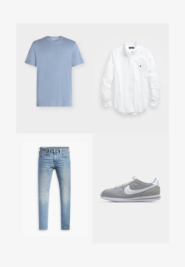 Lengvo mėlyno atspalvio trumpomis rankovėmis marškinėliai, pagaminti iš minkšto medvilnės audinio, su apvalia iškirpte ir nedideliu logotipu ant kairės krūtinės. Paprasta ir lygi tekstūra.; Balta ilga rankovė mygtukų marškiniai iš medvilnės. Pasižymi klasikinėmis apykaklėmis, mygtukų rankogaliais ir mažuoju tamsiai mėlynu siuviniu su logotipu ant krūtinės.; Šviesiai mėlyni aptempti džinsai su lengvu nudėvėjimu šlaunyse, priekyje užsegami mygtuku, su diržo kilpelėmis ir penkių kišenių stiliumi ant baltos fono.; Pilkas sportinis batelis su zomšiniais ir tekstiliniais viršutiniais paviršiais, baltas Nike swoosh ženklas ir baltos raišteliai. Yra tekstūruotas gumos padas ir paminkštinta apykaklė.