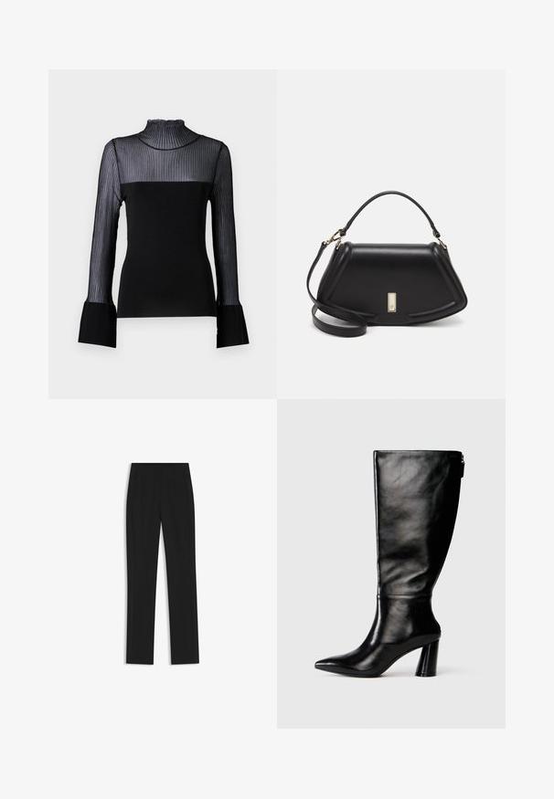 Malina MILLIE czarny; Czarne spodnie o dopasowanym kroju z prostymi nogawkami, z przednimi kieszeniami i gładką, teksturowaną tkaniną. Schludne, minimalistyczne wykończenie.; Czarny skórzany but do kolan z ostro zakończonym noskiem, gładką fakturą i grubym obcasem. Posiada zamek z tyłu.; Czarna skórzana torebka o strukturalnym designie, z przyciętą formą, górnym uchwytem i złotymi akcentami. W zestawie regulowany pasek na ramię.