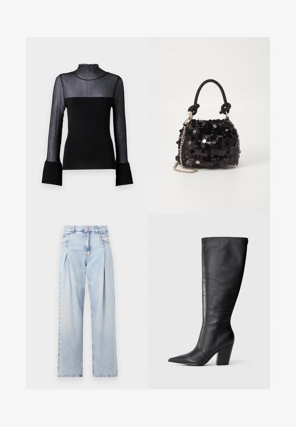 Malina MILLIE - Langarmshirt - black; Helle blaue Denim-Jeans mit hoher Taille, weitem Beinschnitt, zwei seitlichen Taschen und gefaltetem Design. Weiche Textur mit einem ausgebleichten Finish.; Schwarze kniehohe Lederstiefel mit spitzem Zehen und klobigem hohen Absatz, von der linken Seitenansicht auf weißem Hintergrund gezeigt.; Schwarze Pailletten-Mini-Handtasche mit einem geknoteten, strukturierten Tragegurt und einer silbernen Kette. Abgerundete Form mit gerafftem oberen Teil und reflektierenden Details.