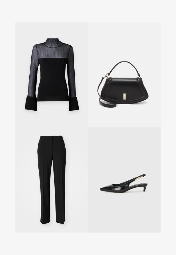 Malina MILLIE - Langarmshirt - black; Schwarze, taillierte Hose mit geradem Bein, aus einem glatten Stoff und mit klaren Falten an der Vorderseite. Keine sichtbare Hardware.; Schwarze Leder-Slingback-Pumps mit spitzem Schuhblatt, ausgestattet mit einem schlanken Absatz und einem goldfarbigen Akzent am verstellbaren Riemen. Glatte Textur.; Schwarze Lederhandtasche mit einem strukturierten Design, das eine verkürzte Form, einen oberen Griff und goldfarbene Hardware-Details aufweist. Verstellbarer Schulterriemen ist enthalten.