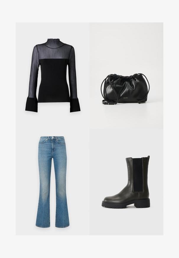 Malina MILLIE - Μπλούζα με μακριά μανίκια - black; Φωτεινά μπλε φαρδιά τζιν φτιαγμένα από τζιν ύφασμα. Διαθέτουν ζωνάκι με κουμπί και ξεθωριασμένο φινίρισμα, που στενεύει προς μια φαρδιά ραφή στους αστραγάλους.; Πράσινο δερμάτινο μποτάκι στον αστράγαλο με ελαστικές πλευρές, στρογγυλή μύτη και καουτσούκ σόλα. Διαθέτει υφή και φουσκωτό τακούνι.; Μαύρη δερμάτινη τσάντα χειρός με συγκεντρωμένο σχέδιο, διπλό κλείσιμο με κορδόνια και αποσπώμενος ιμάντας ώμου. Περιλαμβάνει μεταλλική λεπτομέρεια λογοτύπου.