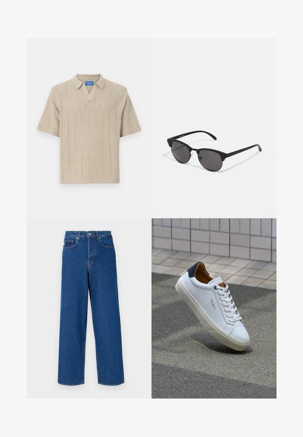 Vaaleanbeige lyhythihainen neulepolo, jossa on V-pääntie, pystysuorakuvioita ja ribbejä reunuksilla. Kevyt ja teksturoitu kangas.; Siniset leveälahkeiset farkut, jotka on valmistettu denimistä, korkea vyötärö, viisi taskua ja erivärinen ompelu saumoissa ja taskuissa.; Valkoinen nahkakenkä, jossa on tummansininen kantapää, pyöreä kärki ja ristikkäiset ruskeat korostukset. Varustettu tasapaksuilla nauhoilla ja teksturoidulla kumipohjalla.; Mustat aurinkolasit pyöreillä linsseillä, matalla pinnalla ja erottuvalla kissamaisella muodolla. Kapeat taitteet, joissa on huomaamaton brändäys vasemmassa temppeleissä.