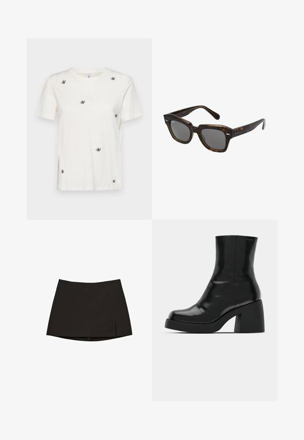 ONLY ONLSONJA LIFE - Triko s potiskem - cloud dancer; Černá minisukně z hladké látky, s rovný střihem, bočními rozparky a čistým lemem. Jednoduchá a univerzální.; Černé kotníkové boty s lesklým povrchem, čtveratou špičkou a silným blokovým podpatkem. Design se vyznačuje bezproblémovým siluetu a minimálním brandingem.; Obdélníkové sluneční brýle s rámem z želvovinového plastu, tmavými skly a stříbrnými akcenty po stranách. Vyrobeno v Itálii.; Šedý pruhovaný crop top a olivově zelená sukně s vysokým pasem. Modelka drží bílou kabelku přes rameno s výřezovými detaily. Jednoduchý design, přiléhavý silueta.