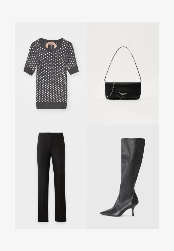 Pilkas megztinis su trumpomis rankovėmis ir apvalia iškirpte, papuoštas daugybe sidabrinių metalinių studų visame paviršiuje.; Juodos pritaikytos kelnės su tiesiomis kojomis, dviem priekinėmis kišenėmis, mygtuko uždarymu ir raukšlėmis priekyje. Glotnaus audinio tekstūra.; Juodų odinių batų iki kelių su smailiu pirštu ir plonu stiletto kulnu. Lygus paviršius, pritaikytas dizainas ir siuvimas viršutiniame krašte.; Juodas odinis delninukas su sidabro spalvos grandinele, papuoštas dekoratyviniais sparnų akcentais ir balta siūle apačioje.