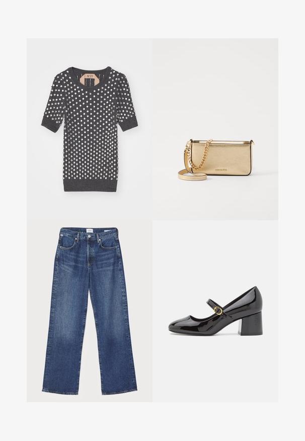 Hallja hall värvi kudum, millel on lühikesed varrukad ja ümar kaelus, kaunistatud arvukate hõbedaste metallist punnidega üle kogu pinna.; Citizens of Humanity ANNINA - Sirgete säärtega teksad - westwood dark indigo; Stuart Weitzman STUART - Klassikalised kontsakingad - black; Metalliseeritud kullast nahkklamber, millel on tekstiilfiniš, kuldne ketstrap ja eemaldatav õlavarre rihm. Brändi logo on sisse pressitud.