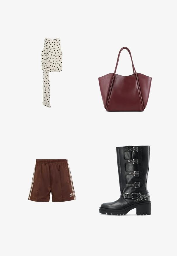 Mango ADELA - Top - off-white; Brown athletic shorts made of smooth fabric with a relaxed fit, featuring white side stripes and an embroidered logo on the lower left hem.; Black leather knee-high boot with four silver buckle straps, a thick platform sole, and studded accents around the ankle.; Large burgundy leather tote bag with two long handles, angular design, smooth texture, and subtle embossed logo on the front.