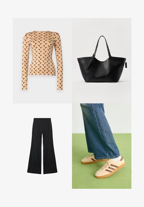 Dlouhý rukáv top vyrobený z elastického materiálu v světlé broskvové barvě s černým vzorem půlměsíce po celém povrchu a kulatým výstřihem.; Černé kalhoty s širokými nohavicemi a hladkou texturou, s předními sklady a přizpůsobeným střihem. Materiál je lehký a splývavý.; Beige tenisky s texturovanými krémovými panely a hnědými pruhy, kombinované s modrými džínovými kalhotami. Džínsy mají široké nohavice a roztrhaný lem.; Černá kožená tote taška se strukturovaným tvarem, dvojitými uchy a zlatými kovovými detaily. Má hladký povrch a dekorativní štítek.