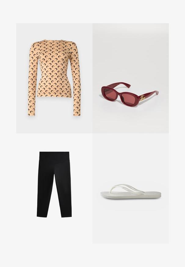 Long-sleeve top made of stretchy fabric in light peach with a black crescent moon pattern throughout and a round neckline.; Black athletic leggings featuring a high waistband, smooth fabric, and a fitted silhouette, designed for ease of movement and comfort.; White flip-flop with a textured sole, featuring thin straps and a flat design. Made of rubber with a subtle logo on the footbed.; Red plastic sunglasses with rectangular frames, tinted lenses, and a gold logo accent on the temples. Smooth, glossy finish.