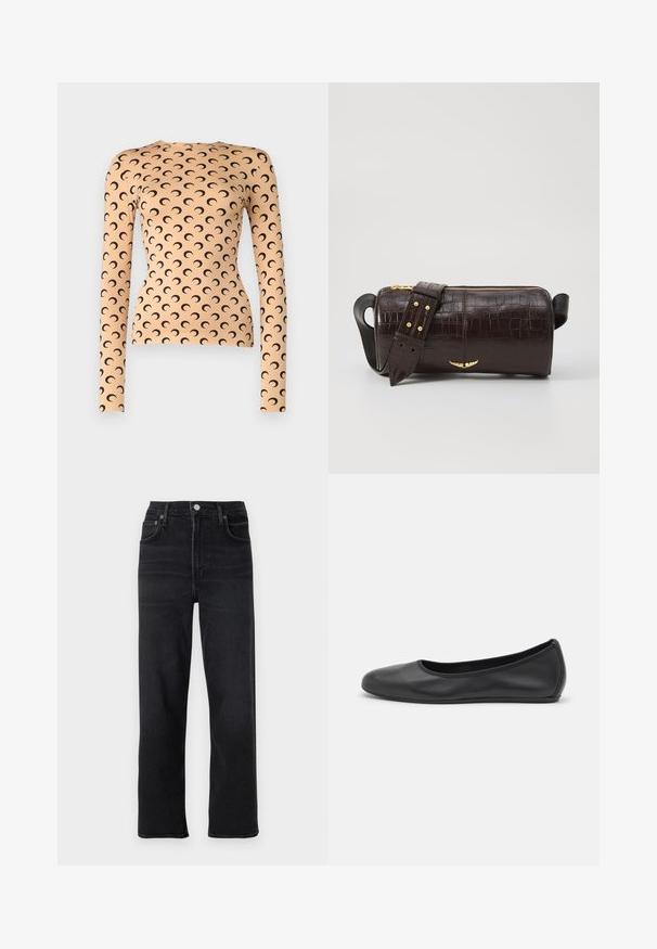 Top de manga comprida feito de tecido elástico em pêssego claro com um padrão de lua crescente preta por todo o lado e um decote redondo.; Jeans pretos de perna reta feitos de denim. Apresenta cinco bolsos, um fecho de botão e zíper, e detalhes de costura sutis.; Bailarina preta em pele com bico arredondado, textura suave, detalhe de costura minimalista e design de sola flexível.; Bolsa de couro com textura de crocodilo na cor marrom, com forma cilíndrica, metalizações em tom dourado e uma alça destacável com tachas.