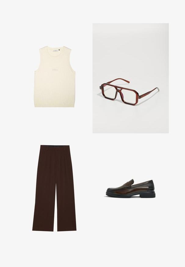 Kermanshade hihaton paita, joka on valmistettu ribbikankaasta, jossa on pyöreä kaula-aukko ja hillitty brodeerattu logo edessä.; Ruske leve široke hlače z gubami. Narejene so iz gladkega blaga, z oblikovanim pasom in stranskimi žepi. Ravna obleka na dnu.; Ruskea nahkainen loaferi pyöreällä varvalla, yläosassa ommeltuja yksityiskohtia, sileä pinta ja erottuva musta kumipohja.; Ruskeista läpinäkyvistä ylisuurista laseista, joissa on suorakulmaiset linssit ja hoikat varsiosat. Kulmat ovat viistetyt ja hieman pyöristetyt, ja näkyviä varusteita on lisätty.