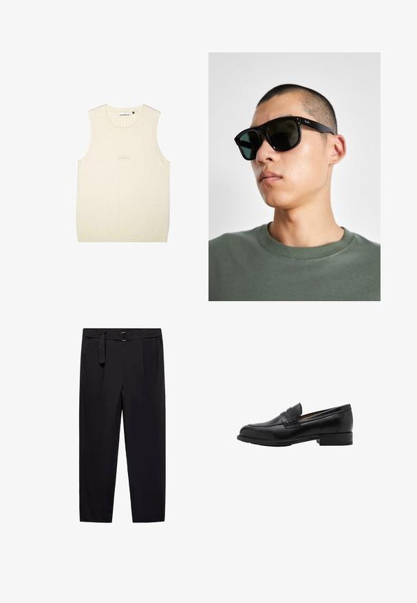 Ecru bezrukávový top vyrobený z rebrovanej látky, so zaobleným výstrihom a jemne vyšitým logom na prednej strane.; Čierne nohavice s rovným strihom, pútka na opasok a odnímateľný opasok. Hladká tkanina s bočnými vreckami a bez viditeľných vzorov alebo kovania.; Čierne kožené mokasíny s prešitým predným dielom a plochým opätkom. Hladký povrch s guľatou špičkou a dekoračným pásom cez nárt.; Čierne obdĺžnikové slnečné okuliare s tmavými sklami, s charakteristickým tvarom a značkou na ramene. Nosí ich osoba v zelenej košeli.