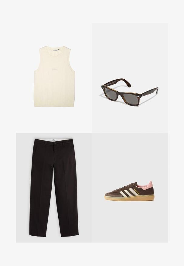 Kreminės spalvos be rankovių palaidinė, pagaminta iš raižyto audinio, su apvaliu iškirpimu ir subtiliu siuvinėtu logotipu priekyje.; Juodi tiesūs chinos kelnės su dirželių kilpomis, sagos uždarymu ir šoninėmis kišenėmis, pristatyti ant šviesiai pilko fono.; adidas Originals HANDBALL SPEZIAL UNISEX - Sportbačiai - dark brown/alumina/wonder mauve; Šelako akinių rėmelis su pilkiais lęšiais ir kvadratine forma, turintis metalinius akcentus ant šventyklų ir logotipą dizaino viduje.