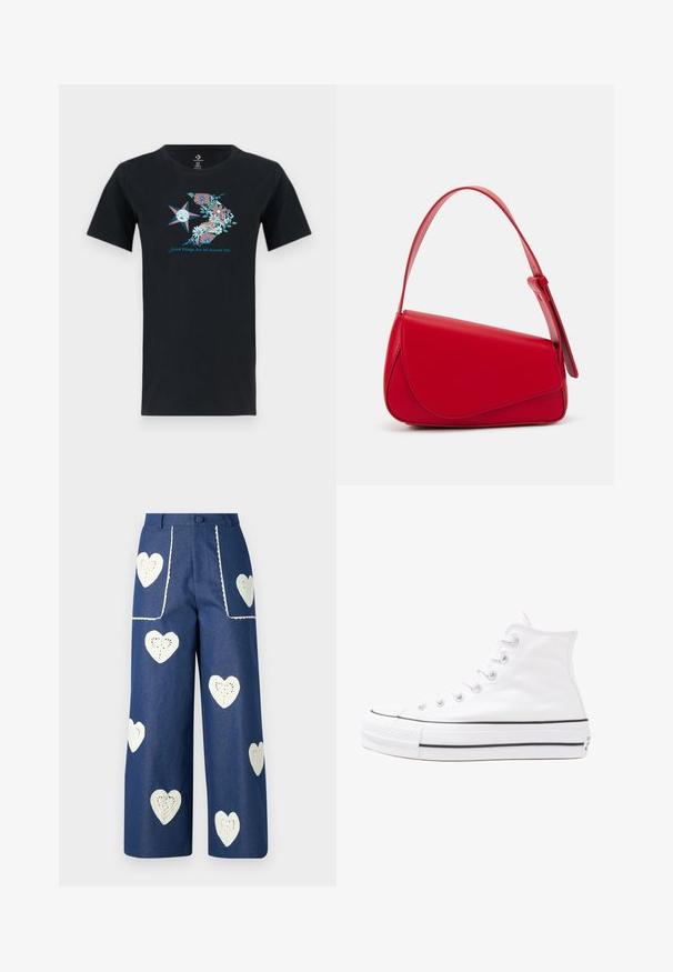 Juoda medvilninė marškinė su spalvingu gėlių ir žvaigždžių raštu, po grafika esantis tekstas "Geros dalys yra visur aplink jus".; Sister Jane HEART TO HEART - Tiesaus kirpimo džinsai - blue denim; Balti aukštakulniai drobės sportbačiai su juodu guminio pado, priekinio guminio piršto dangteliu ir šešiais akytėmis raištams, pasižymintys švariu, minimalistiniu dizainu.; Raudona odinė rankinė su kampuota, geometrine forma. Pasižymi viena reguliuojama dirželiu ir dangteliu su siuvinėtais dekoracijomis.