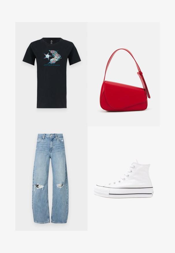 Svart bomull T-skjorte med en fargerik blomster- og stjerne-design, med teksten "Gode ting er overalt rundt deg" under grafikken.; Lyseblå høytlivsjeans laget av denim. Har vide bein, to revne knær og klassisk fem-lommers design.; Hvit høy-skinn kanvas sneakers med svart gummisåle, gummitåhette foran og seks hull for snorer, med et rent, minimalistisk design.; Rød lærveske med en vinklet, geometrisk design. Har en enkelt justerbar stropp og en klaffelukking med sydd detaljer.