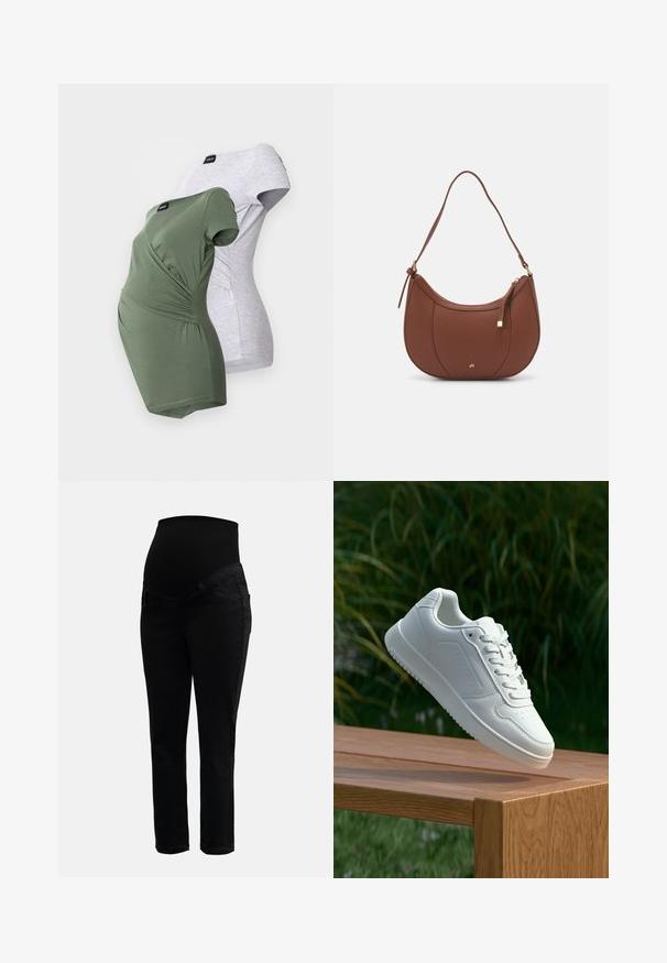 Olive roheline ja heledat hallid emaduse T-särgid. Mõlemad on lühikeste varrukatega, vöödisainiga ja külgedel kogumise detailidega.; Mustad rasedusjeansid, millel on veniv kõrge vöökoht ja kitsad sääred, disainitud mugavuse ja toe tagamiseks raseduse ajal.; Valged sneakerd, millel on sile sünteetiline ülemine osa, väikeste aukudega varvaskast, lamedad paelad ja tekstuuriga tald, eksponeeritud puidust pinnal.; Pruun faux nahast õlaline kott, millel on kaarjas kuju, minimaalne õmblemine ja kuldse tooni metallist aksessuaar. Omab ülemist tõmblukku ja reguleeritavat rihma.