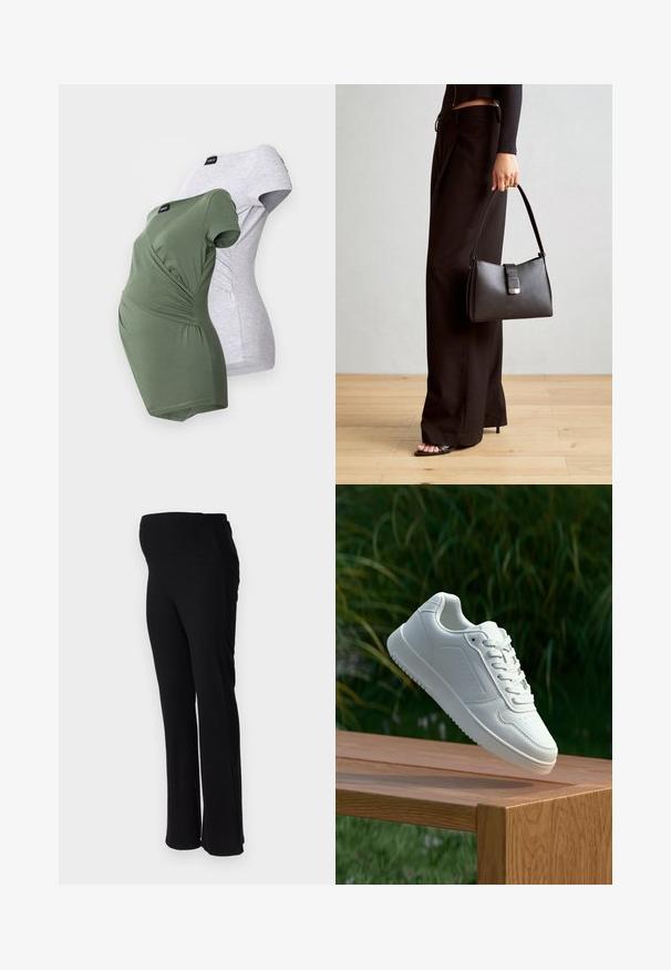 Maternity T-shirts in olive green and light gray. Both feature short sleeves, a wrap design, and gather detailing on the sides.; ONLY MATERNITY OLMHALLE - Trousers - black; White sneaker with a smooth synthetic upper, perforated toe box, flat laces, and a textured sole, displayed on a wooden surface.; Black handbag with structured shape, smooth texture, and a metallic clasp. Paired with wide black pants and open-toe sandals on wooden floor.