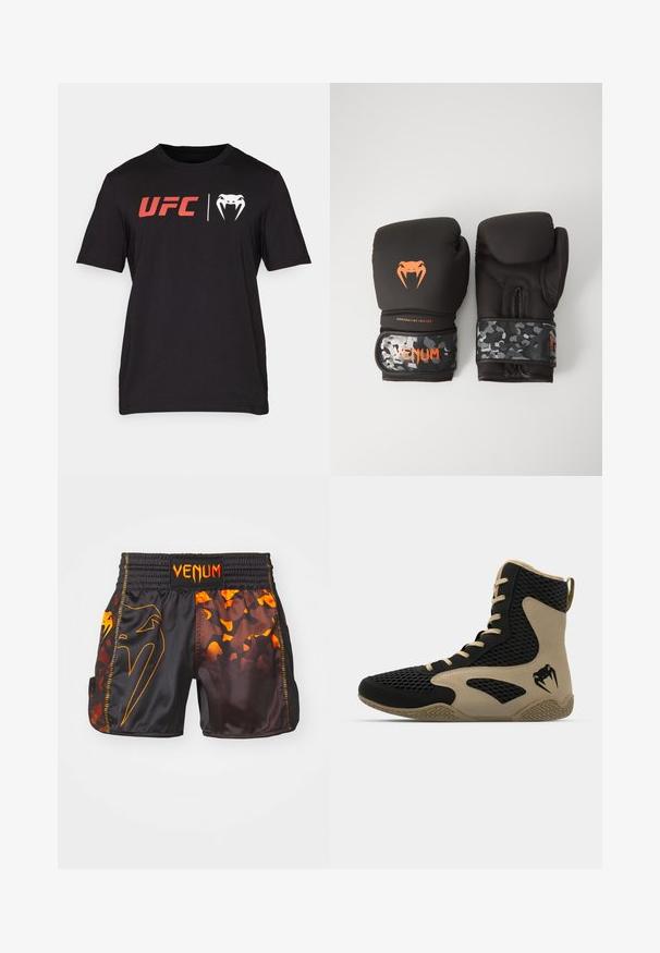 Svart bomull T-skjorte med korte ermer. Har rødt "UFC"-logo og hvit slangegrafikk på forsiden. Rund hals, myk tekstur.; Svart og oransje Venum-shorts med en blank finish, kontrasterende camo-mønstre og en elastisk midjebånd med logo-detalj.; Høye idrettssko med svart nettverksutside og beige detaljer. Teksturert gummisåle og logo på siden.; Svarte boksinghansker med matt finish og ergonomisk design. Oransje logo-detaljer og håndleddsstropper med kamuflasjemønster.