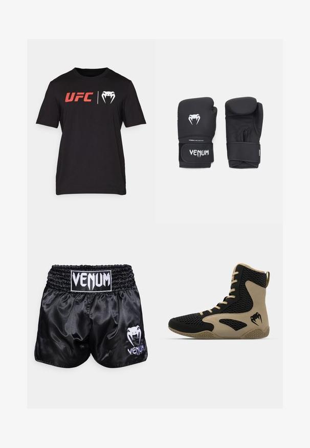 Melnas kokvilnas T-krekls ar īsām piedurknēm. Priekšpusē ir sarkans "UFC" logotips un balts čūskas attēls. Apaļā kakla izgriezums, gluda tekstūra.; Melni satīna boksa šorti ar elastīgu jostasvietu; kreisajā kājā ir balts logo un čūskas dizains. Gluda tekstūra.; Augstas augšas sporta apavi ar melnu sietiņu ārpusi un bežām akcentiem. Strukturēta gumijas zole un logo detalizācija sānos.; Melnas boksa cimdi ar gludu virsmu, ar baltu "Venom" logo un regulējamu stiprinājumu ar āķi un cilpu, nodrošinot drošu piegulšanu.