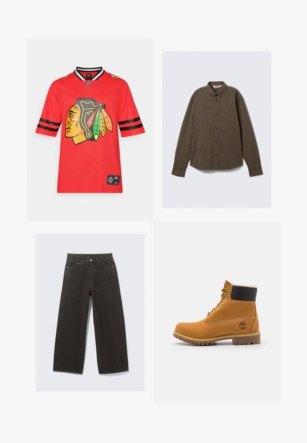 Fanatics NHL CHICAGO BLACKHAWKS CORE FOUNDATION - Klubové oblečení - athletic red/black/white; Hnědé pruhované košile s dlouhým rukávem, má límec na knoflíky a rovný střih. Má jemné střídající se světlé a tmavé pruhy na látce.; Džíny s širokými nohavicemi černé barvy mají vysoký pas, design s pěti kapsami a zapínání na knoflíky. Tkanina má jemný a strukturovaný povrch.; Hnědá kožená kotníková bota s kovovými očka, bílou kožešinovou podšívkou, černým polstrovaným límcem, robustní podrážkou a raženým logem na boku.