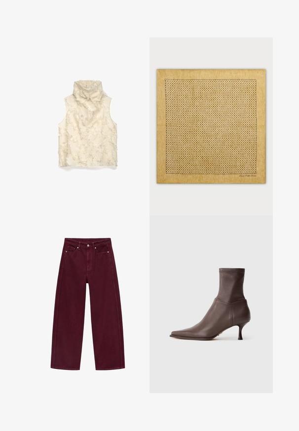 Beżowy top bez rękawów z golfem, z teksturowaną powierzchnią i postrzępieniami. Miękka tkanina o luźnym kroju, bez zapięć i ozdób.; Burgundowe jeansy o szerokich nogawkach wykonane z denimu bawełnianego, z czterema kieszeniami oraz metalowym zapięciem na guziki, z dopasowanym szwem.; Brązowy skórzany botek do kostki z szpiczastym noskiem i smukłym, średniej wysokości obcasem na białym tle.; Beżowy obrus z siatką małych, równomiernie rozmieszczonych czarnych kropek; oprawiony cienką czarną ramką. Gładka tekstura, prostokątny kształt.; Brązowa torebka z zamszu o prostokątnym kształcie, z dwiema długimi rączkami i minimalnym szyciem. Gładka faktura bez widocznych elementów metalowych lub ozdób.; Naszyjnik z czarnych koralików lawy wulkanicznej, składający się z okrągłych koralików o gładkiej powierzchni oraz srebrnego regulowanego zapięcia z zawieszką.
