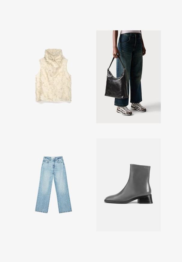 Ärmelloses Rollkragenoberteil in Creme, mit einer strukturierten Oberfläche und fransigen Details. Weicher Stoff mit lockerer Passform, keine Verschlüsse oder Verzierungen.; Helle blaue Denim-Jeans mit weitem Bein und hoher Taille, im lässigen Look mit einem ausgewaschenen Finish und kleinen, verstreuten Used-Effekten.; Graue Lederstiefelette mit runder Zehenform und einem kurzen, gestapelten schwarzen Absatz. Glatte Textur mit minimalen Details.; Schwarze Leder-Schultertasche mit glatter Textur und verstellbarem Riemen, kombiniert mit ausgewaschenen weit geschnittenen Jeans und sportlichen Sneakern.
