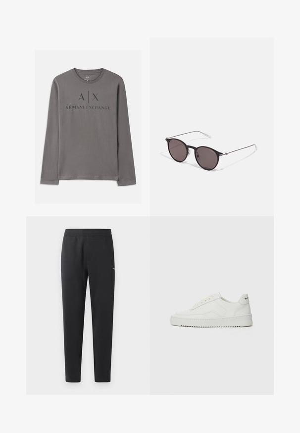 Ilgomis rankovėmis pilka marškinėliai, pagaminti iš minkštos medžiagos, su apvaliu kaklu. Priekinėje pusėje yra grafika su užrašu "A|X ARMANI EXCHANGE" tamsiais rašmenimis.; Juodos sportinės kelnės, pagamintos iš minkštos medžiagos, su elastinga juosmeniu, tiesiomis kojomis ir nedideliu logotipo akcentu šone.; Balti odiniai sportiniai bateliai su lygia apdaila, apvaliu pirštu, plokščiais raišteliais ir tekstūruotu padu. Pasižymi subtiliu logotipu ant kulno.; Juodos apvalios saulės akinių su tamsiais lęšiais ir plonomis metalinėmis šakomis. Įtraukti skaidrūs šventyklų galai ir sidabriniai akcentai vyrio srityje. Minimalistinis dizainas.
