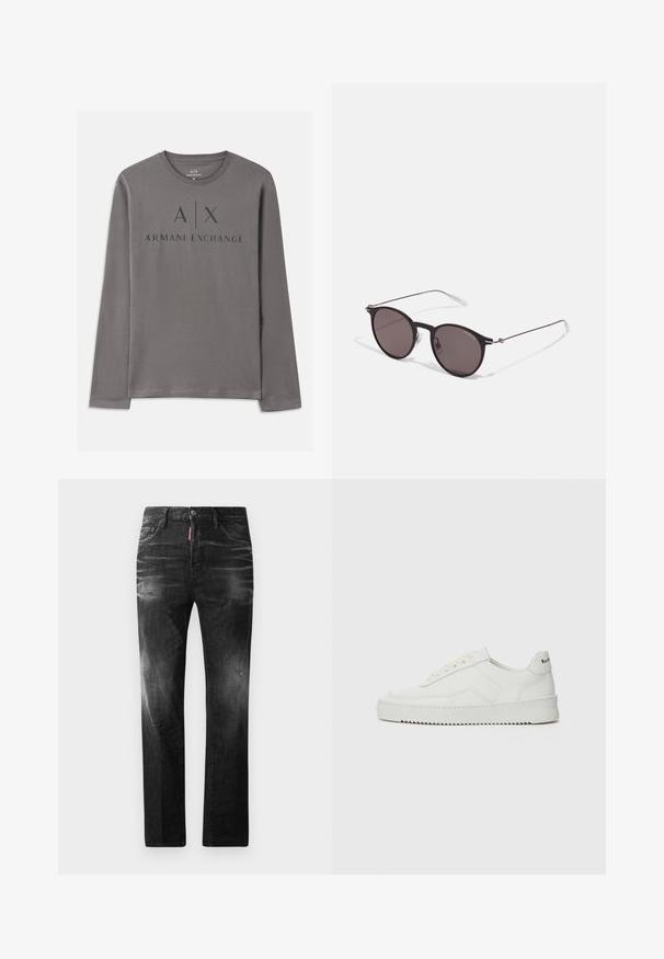 Dlhý rukáv šedé tričko vyrobené z jemného materiálu s okrúhlym výstrihom. Predná grafika obsahuje nápis "A|X ARMANI EXCHANGE" tmavým písmom.; Čierne denimové džínsy so štandardným strihom. Obsahujú vyblednuté oblasti, drobné opotrebenie, klasický dizajn s piatimi vreckami a zapínanie na gombík.; Biele kožené tenisky s hladkým povrchom, okrúly špičkový dizajn, ploché šnúrky a textúrovaná podrážka. Obsahujú jemné logo na päte.; Čierne okrúhle slnečné okuliare s tmavými sklami a tenkými kovovými ramenami. Obsahujú priehľadné konce rámov a strieborné akcenty na pántoch. Minimalistický dizajn.