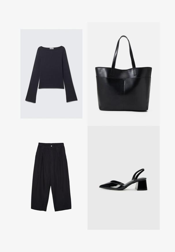 Tamnoplava majica s dugim rukavima, širokim izrezom i zvonastim rukavima. Izrađena od glatkog tekstila, s uskim krojem i minimalističkim dizajnom.; Crne poliester hlače culotte s elastičnim pojasom, dva prednja nabora i širokim krojem. Nema vidljivih uzoraka ili metalnih detalja.; Crne lakirane kožne sandale s otvorenom petom i špicastim vrhom, s geometrijskom blok petom. Imaju elegantan, minimalistički dizajn i glatku teksturu.; Crna kožna torba s dugim ručkama, glatkom teksturom i strukturiranim oblikom. Ima prednju džep za dodatno pohranu.