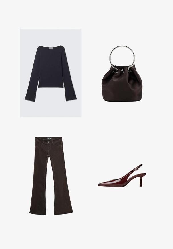 Dark blue long-sleeve top with a wide neckline and flared sleeves. Made of a smooth textile, features a fitted body and minimal design.; Brown flared jeans made from a soft fabric, featuring two front pockets, two back pockets, and metal button closures at the waist.; Maroon patent leather slingback pump with pointed toe, mid-height kitten heel, and silver buckle strap on white background.; Brown satin bag with a gathered design, featuring silver circular handles and metallic accents for closure. Smooth texture throughout.
