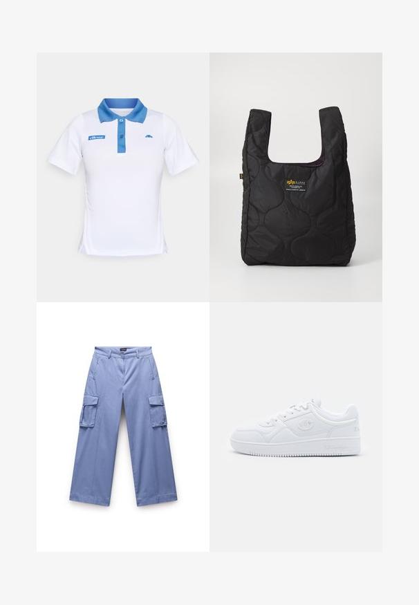Vit polo tröja med blå krage och knapprad. Har blå logoförstärkningar på bröstet och sidodetaljer. Slen tygstruktur.; Ljusblå cargobyxor i ett slätt tyg. Har dubbla sidfickor, en avslappnad passform och rak bendesign med sydda detaljer.; Vit sneaker gjord av slät syntetiskt material, med rund tå, platt sula och subtila logotypdetaljer på sidorna. Klassisk low-top design.; Svart quiltad axelväska med en stor öppning, kurviga former på ytan och en etikett med gul och vit text på framsidan.