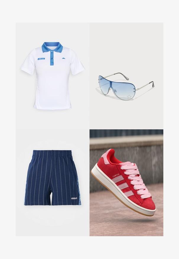 Vit polo tröja med blå krage och knapprad. Har blå logoförstärkningar på bröstet och sidodetaljer. Slen tygstruktur.; Mörkblå shorts med vita ränder, elastisk midja och Adidas-logo. Har blåa detaljer på sidorna, tillverkade av bomullsblandat material.; Röd mockaskor med rosa detaljer, med tre vita ränder och ljusrosa snören. Vit mellansula och gummisula.; Pilotglasögon med gradientblå linser, silverfärgad metallram och dekorativa stjärnaccenter på linserna. Snygg och elegant design.