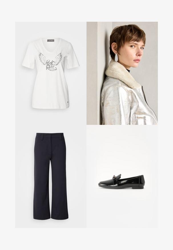 Valge puuvillane V-kaelusega T-särk, millel on hõbedased tiivad ja "Rock & Roll" tekst metallikviimistlusega. Lühikesed varrukad ja mugav lõige.; Laiad püksid tumedast mereväe kangast. Omavad lamedat esit, vöökohasid ja külgtaskuid. Materjal on sile ja veidi veniv.; Must musta nahk kingad tasase põhjaga, ümarate varvastega ja dekoratiivse riba kuldse detailiga. Sile, läikiv viimistlus.; Hõbedane metallik nahktagi, millel on villane kaelus, lukuga sulgemine ja tekstuurpind. Suured tilga kujulised kõrvarõngad selgete gemmidega.