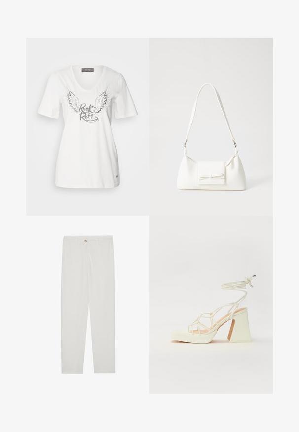White cotton V-neck t-shirt featuring silver wings and "Rock & Roll" text in a metallic finish. Short sleeves and a relaxed fit.; White, tailored trousers with a straight leg design, featuring a button closure, belt loops, and side pockets; smooth fabric texture.; White high-heeled sandal with a chunky heel, featuring a strappy design and ankle tie. Smooth texture with a platform front for added height.; White synthetic handbag with a triangular shape, flat front flap and bow detail, adjustable strap, smooth texture, and minimalistic design.