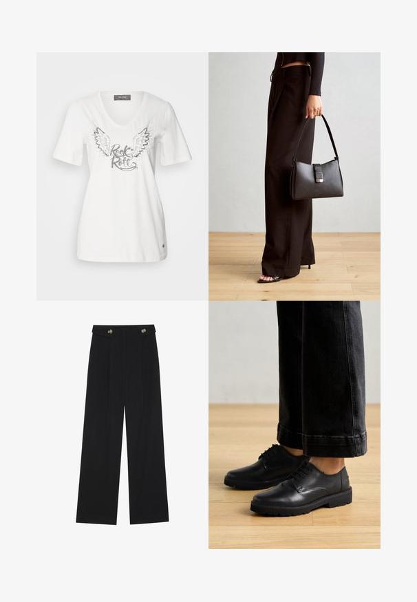 Hvit bomulls V-hals t-skjorte med sølvfargede vinger og "Rock & Roll"-tekst i metallisk finish. Korte ermer og en avslappet passform.; Svart vide bukser med høy midje, knappdetaljer på midjebåndet og frontplisser.; Svarte lær snørebåndssko med en glatt tekstur, rund tå og tykk gummisåle, parret med korte mørke jeans.; Svart håndveske med strukturert form, jevn tekstur og metallisk lås. Kombinert med brede svarte bukser og sandaler med åpen tå på tregulv.