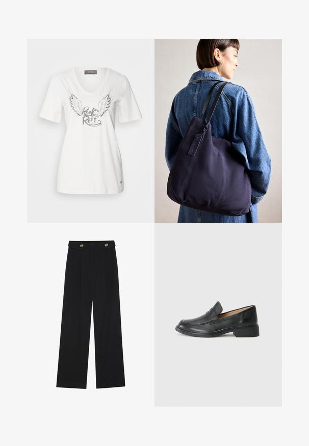 Hvid bomulds T-shirt med V-hals, der har sølvvinger og teksten "Rock & Roll" i metallisk finish. Korte ærmer og en afslappet pasform.; Sorte vide bukser med høj talje, knapdetaljer på taljebåndet og frontfald.; Sorte læder loafers med lav hæl, prydet med et syet design og slip-on stil, sat mod en ensfarvet hvid baggrund.; Marineblå canvas skuldertaske med en blød, struktureret form, der har en sort rem, syede detaljer og et lille mærke.