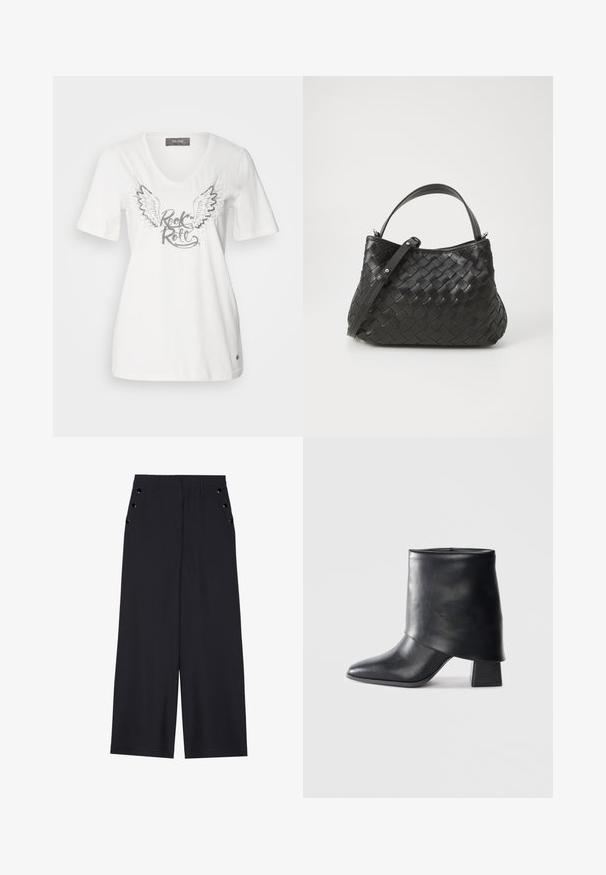 Fehér pamut V-nyakú póló ezüstszínű szárnyakkal és fémes "Rock & Roll" felirattal. Rövid ujjú és lazán szabott.; Sötét tengerészkék, széles lábú nadrág, sima textúrával, elől redőkkel és díszes, aranyszínű szélekkel a zsebeknél.; Fekete bőr bokacsizma, hegyes orral, sima felülettel és strukturált blokk sarokkal. Magas, hajtott szegéllyel rendelkezik.; Fekete szőtt bőr kézitáska lekerekített formával, tetején fogantyúval és levehető pánttal. Simaság jellemzi, finom varrási részletekkel.