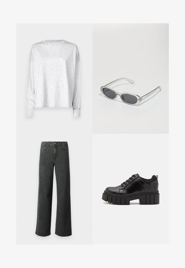 Tricou gri cu mânecă lungă, confecționat dintr-un material moale și ușor. Prezintă un guler rotund, umeri lăsați și mansete cu revere. Design simplu și minimalist.; Blugi cu picioare largi din denim gri închis, cu o textură subtilă de model zebra, cusături în contrast și un design cu cinci buzunare, având un nasture pentru închidere.; Pantofi cu talpă plată din piele neagră, cu toc gros, vârf rotund și design tradițional cu șireturi. Prezintă o textură netedă și detalii minime.; Ochelari de soare cu formă ovală, ramă din plastic transparent, lentile gri închis și brațe subțiri transparente cu accente de logo și detalii minime.
