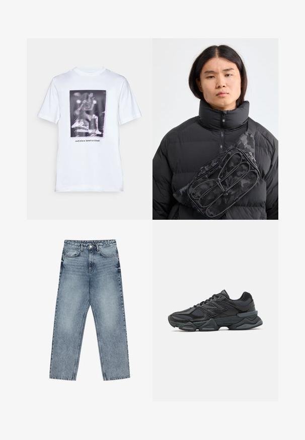 Λευκό μπλουζάκι φτιαγμένο από βαμβάκι με γραφική εκτύπωση ενός καλαθοσφαιριστή και το κείμενο "adidas basketball" κάτω από την εικόνα. Μικρά μανίκια και στρογγυλή λαιμόκοψη.; Ανοιχτό μπλε τζιν παντελόνι με ίσια γραμμή, ορατές ραφές, σχέδιο με πέντε τσέπες και κλείσιμο με κουμπί στη μέση.; Μαύρο αθλητικό παπούτσι με συνδυασμό πλέγματος και συνθετικών υλικών, χοντρή σόλα, καμπυλωτό σχέδιο και έντονη επωνυμία στο πλάι.; Μαύρη ναυλον τσάντα μέσης με καμουφλάζ σχέδιο και φερμουάρ, φερόμενη διαγώνια πάνω από μια μαύρη τζάκετ πούφφερ με ψηλό γιακά.
