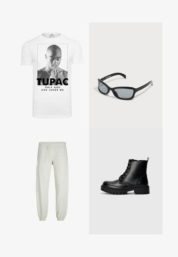 Balta kokvilnas t-kreklā redzams melnbalts attēls ar vīrieti, kurš tur rokas kopā lūgšanā, ar uzrakstiem "TUPAC" un "TIKAI DIEVS VAR MAN NOVĒRTĒT."; Baltas treniņbikses, izgatavotas no mīkstas auduma, ar elastīgu jostu un piedurknēm, gluda tekstūra un brīva piegriezuma dizains.; Melni ādas potītes zābaki ar apaļu purngalu, ar šņorēm un izturīgu, biezāku zoli. Iekļauts vilkšanas cilpiņa pie papēža un sudraba detaļas.; Melni saules brilles ar izsmalcinātu, leņķainu dizainu. Iespējas pelēki stikli un mirdzoši plastmasas rāmi. Ietver nelielas metāla akcentus un zīmolu uz roka.