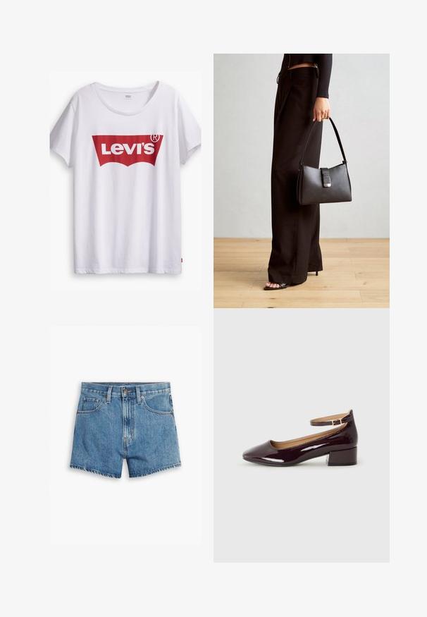 Witte katoenen t-shirt met een opvallend rood Levi's logo in de vorm van een rode tab. Korte mouwen en een ronde halslijn, casual pasvorm.; Lichtblauwe denimshorts met vijf zakken, een ritssluiting en een knoopsluiting. De zoom is rafelig en heeft een ontspannen pasvorm.; Glanzende donkerburgundy hakken met een ronde neus en enkelbandje, tegen een effen achtergrond.; Zwarte handtas met gestructureerde vorm, gladde textuur en een metalen sluiting. Gecombineerd met brede zwarte broeken en sandalen met open teen op een houten vloer.