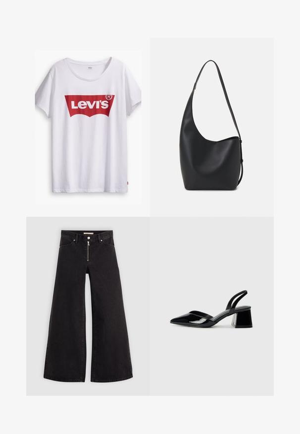 Valge puuvillane T-särk, millel on silmapaistev punane Levi's logo punases sildikujus. Lühikesed varrukad ja ümar kaelus, lõdva istuvuse ning mugavusega.; Laiad teksad mustast denimist, millel on lukuga eesmine osa, viie taskuga disain ja peened õmblusdetailid. Sile tekstuur ja juhuslik stiil.; Mustad musta lakknahk kingad, millel on terav varvas ja geomeetriline plokkkonts. Omab elegantselt minimalistlikku disaini ja sujuvat tekstuuri.; Mustast nahast hobo kott, millel on sile tekstuur, kumer kuju ja üks reguleeritav rihm; peal on lai avaus.
